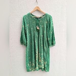 BIBA Green Boho Tassel Tie Indian Flowy Dress Women's Size 38